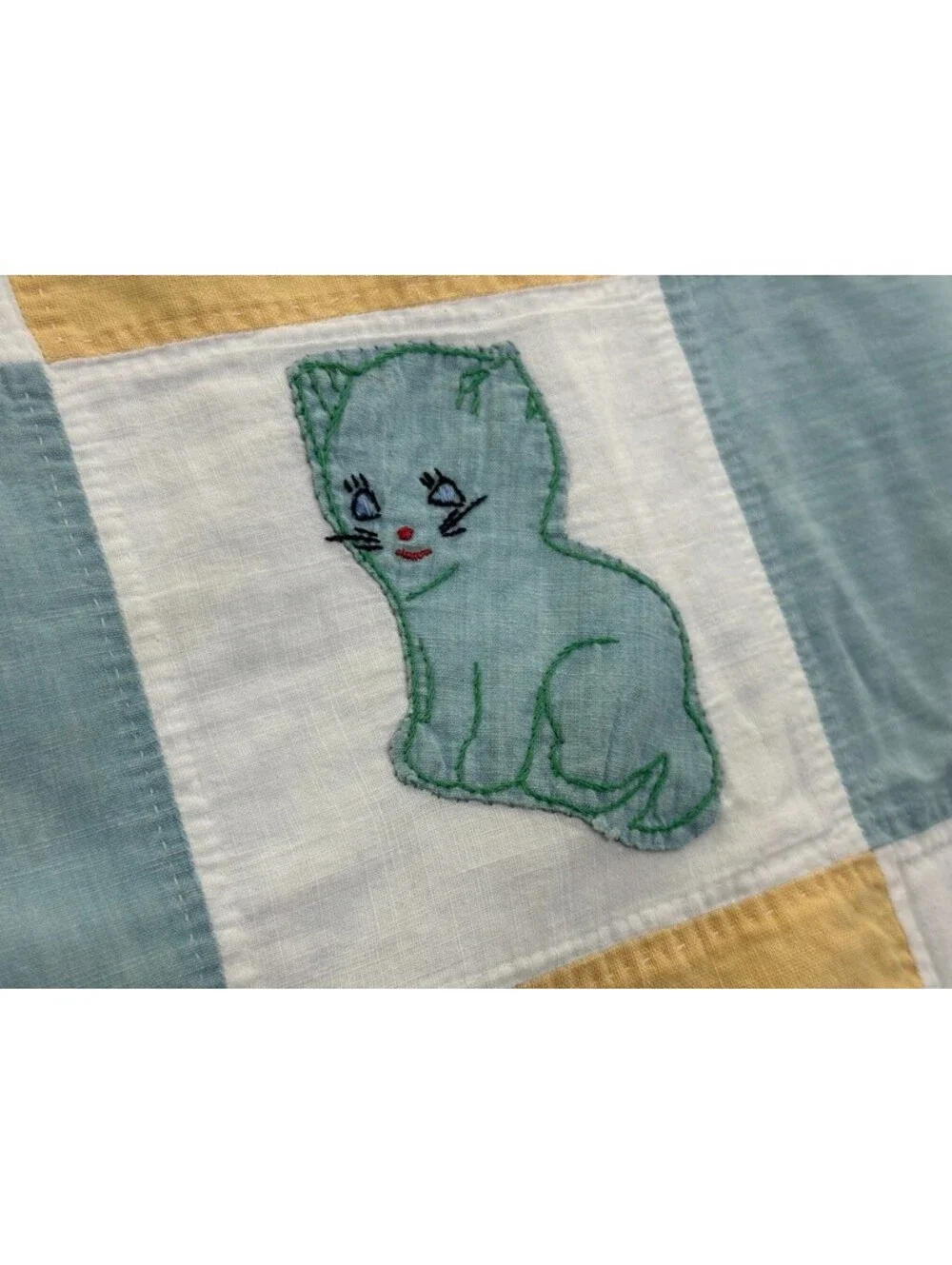 Vintage Nursery Quilt Checkerboard Animal Appliques Pastel Palette Aqua Blue Lar